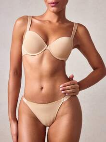 Veilyse Minimalist Solid Color Wire Bra And Thong Lingerie Setfor Summerfor Summer - Apricot - View 4