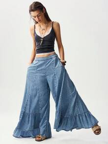 Bohemela 女士休闲纯色梭织牛仔宽松荷叶边裤 - 灰色 - 查看 5