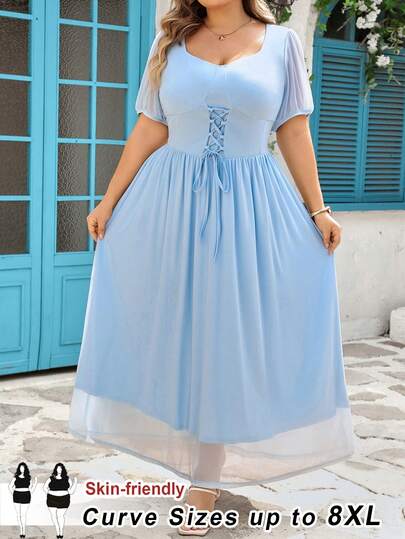 SHEIN CURVE+ Plus Size Elegant Solid Color Cross Strap Cinched Waist Dress, Summer