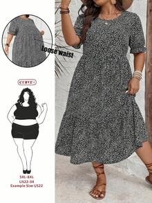 SHEIN CURVE+ 大码女式豹纹圆领短袖收腰A字层叠连衣裙，休闲西部海滩岛屿波西米亚风连衣裙 - 黑與白 - 查看 1