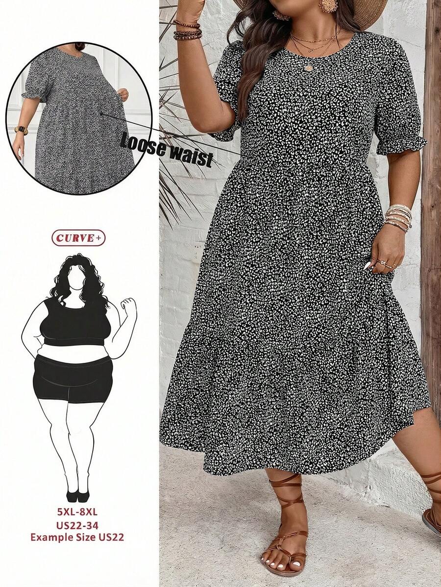 SHEIN CURVE+ 大码女式豹纹圆领短袖收腰A字层叠连衣裙，休闲西部海滩岛屿波西米亚风连衣裙 - 黑與白 - 查看 1