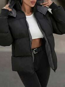 EURMUSE Hooded Zipper Detailed Contrast Rib Cuff Quilted Women's Casual Puffer Down Jacket - Black - View 6