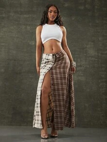 Denimoi Falda con botones y estampado a cuadros, falda plegable de moda para uso en la calle - Multicolor - Ver 3