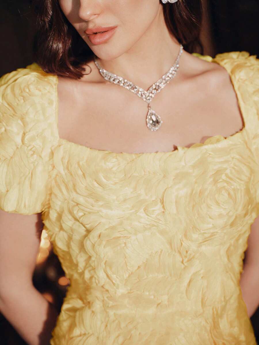 Anewsta Đầm mùa hè cho nữ, đầm midi cổ vuông đính hoa Molly, đầm thanh lịch dự tiệc. - Màu vàng - Xem 1