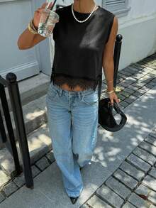 Siren Gaze Áo tank top nữ cổ tròn phối ren màu trơn, kiểu dáng thường ngày, thích hợp cho mùa xuân/hè. - màu đen - Xem 5