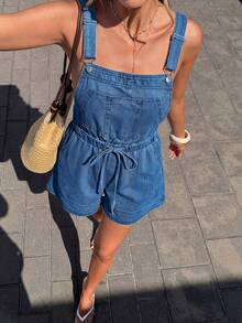 Serisse 女士休闲宽松系带牛仔连体裤 - 藍色 - 查看 1