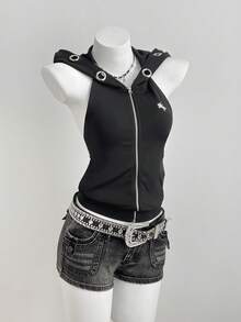 Elamini Y2K Style Sleeveless Hollow Out Hooded Cropped Zip-Up Jacket For Women, Spring/Summer - Black - View 4