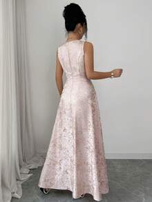 GlowEve Spring & Summer Round Neck Sleeveless Pink Textured Gold Thread Embroidered Jacquard Waist Gathered A-Line Romantic Date Wedding Party Cocktail Vacation French Elegant Women Long Dress Elegant Dress For Women Spring Elegant Dresses Pink Elegant Dress Rose Gold Elegant Dress Long Elegant Dress - Pink - View 2