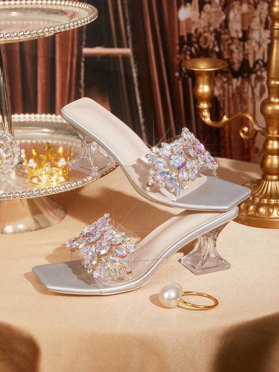 CUCCOO TILAWA Women's Fashion Transparent Wine Glass High Heel Sandals, Square Toe, Decorated With Shiny Rhinestones Summer Shoes - Silver - View 1