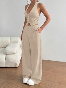 SHEIN PETITE Set de 2 piezas: Chaleco con cuello de halter y pantalones rectos de pierna casual - Champán - Ver 5