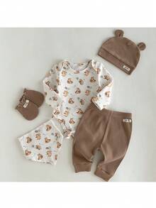 Loomiva Bộ quà tặng cho bé sơ sinh in hình gấu: áo liền quần dài tay, quần, yếm, mũ và găng tay. - Nhiều màu - Xem 3