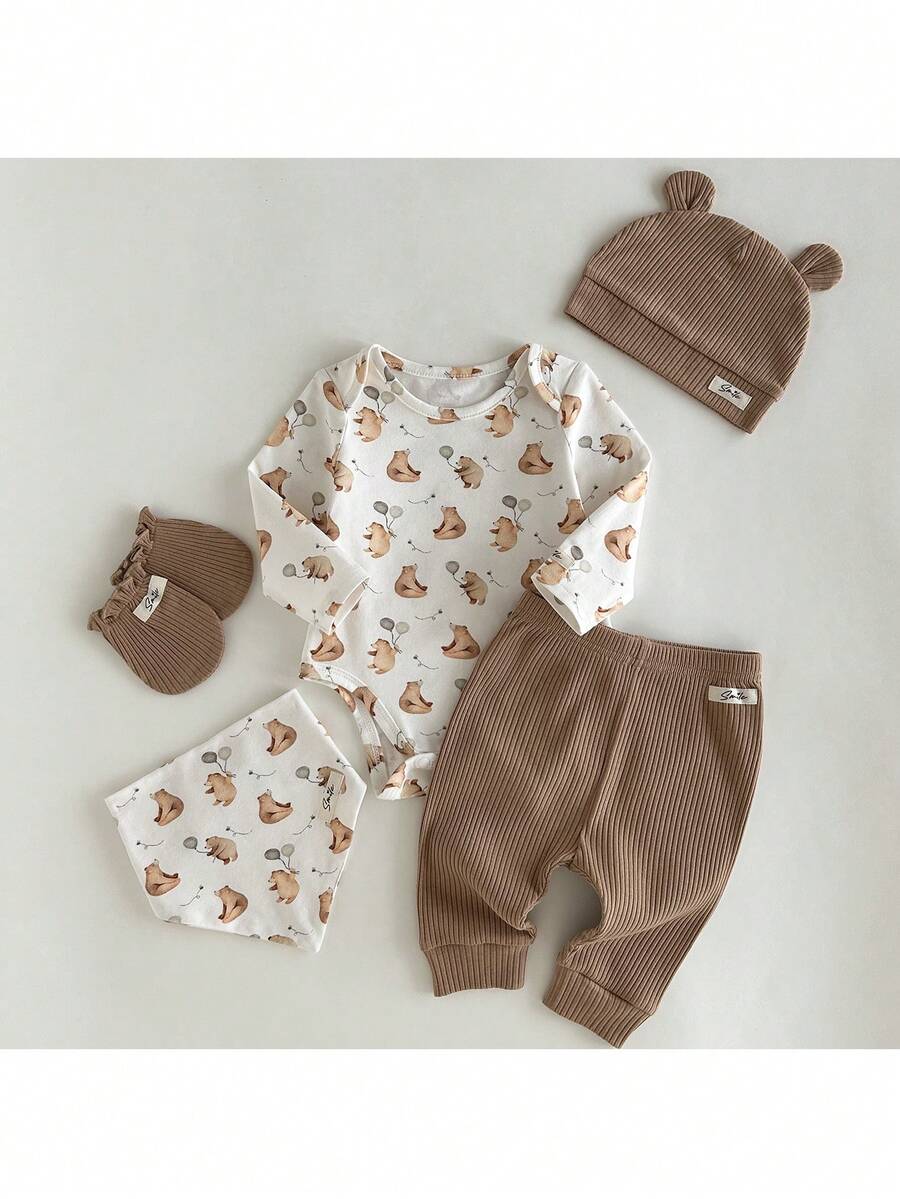 Loomiva Newborn Baby Bear Print Long Sleeve Romper, Pants, Bib, Hat & Gloves Gift Set - Multicolor - View 1