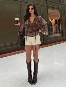 Aloruh 咖啡色复古印花长袖衬衫，优雅休闲装，适合度假和通勤，女士休闲服饰，女士西式服装 - 咖啡棕 - 查看 3