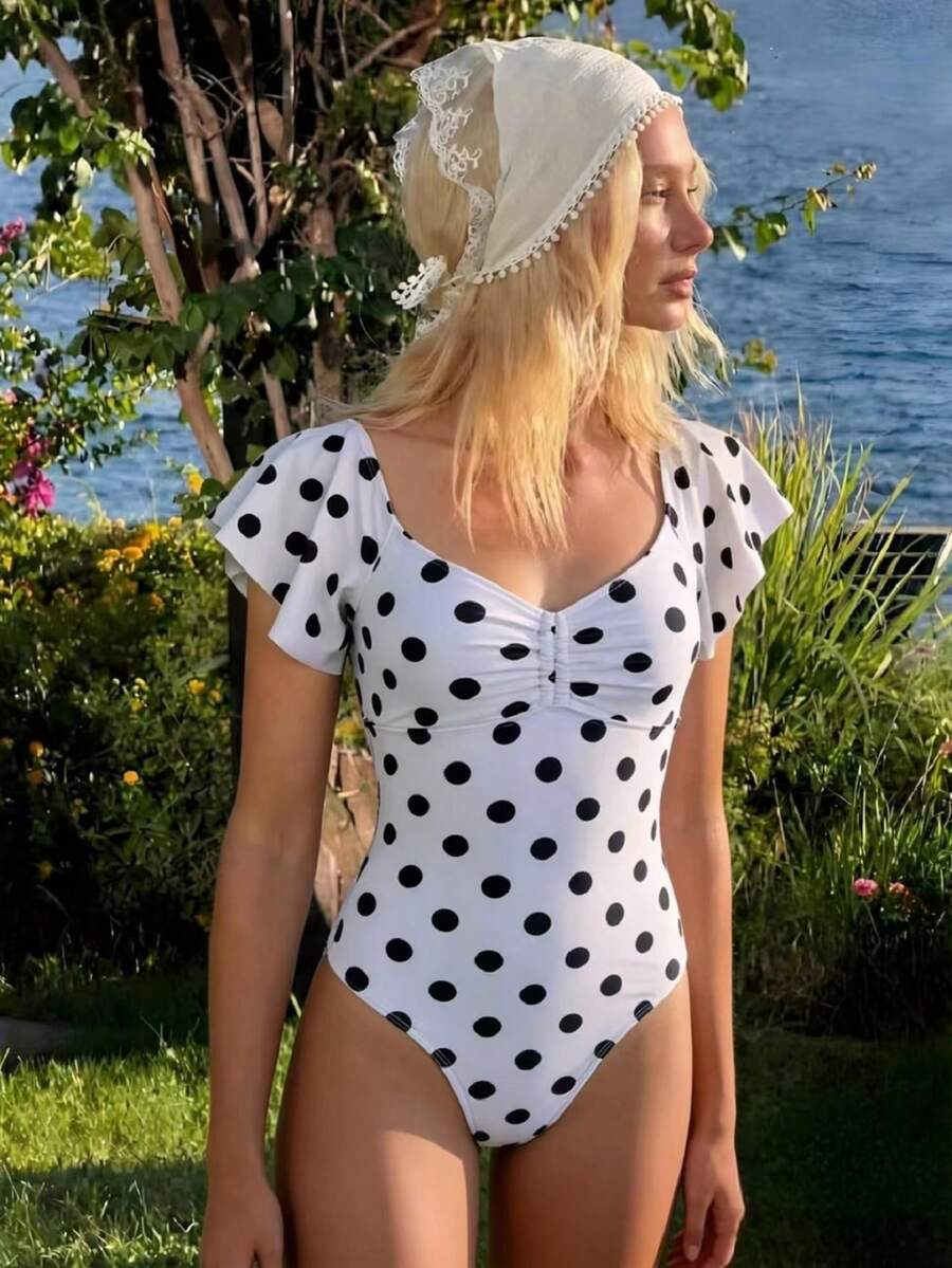SHEIN Swim Mod Women's Sweetheart Collar Cap Sleeve Fitted Polka Dot One-Piece Swimsuit, Summer - Multicolor - View 1