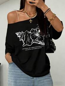 SHEIN HypeZone Áo thun nữ trắng dáng rộng, trễ vai, in họa tiết hoa dâm bụt, kiểu dáng bãi biển, cỡ lớn. - màu đen - Xem 3
