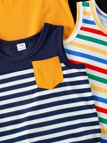 SHEIN Playful Pals Paquete de tops sin mangas de cuello redondo con rayas y unicolor básicos para niños pequeños, para el verano - Multicolor - Ver 4