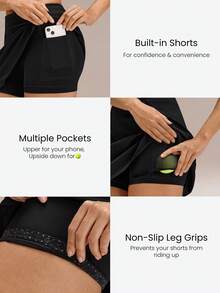 GLOWMODE Court Confidence Tummy Control Side-Split Hem Built-In Shorts Non-Slip Grips A-Line Mini Tennis Skirt Tennis Golf Pickleball Daily Casual Wear - Black - View 4