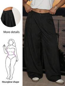 Hourglow Plus Size Casual Versatile Commuting Solid Color Wide Leg Pants, For Hourglass Body Shape - Black - View 1