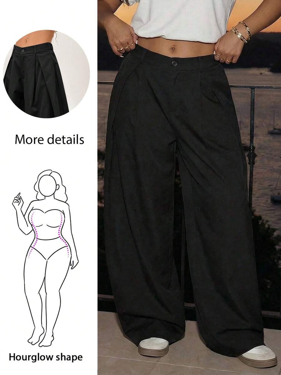 Hourglow Plus Size Casual Versatile Commuting Solid Color Wide Leg Pants, For Hourglass Body Shape - Black - View 1