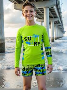 SHEIN Boys' Swimwear,Tropical Palm Tree & Letter Print Long Sleeve Rash Guard And Swim Trunks 2-Piece Set,Lime Green Summer Funny Beach Vacation Holiday - Green - View 4