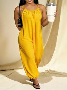 Slaydiva 春夏新款音乐节、复活节、圣帕特里克节、西部风、游牧风、生日派对、毕业典礼、学院风、学生装、日常休闲、百搭基础款、休闲、邮轮旅行、海滩、日光浴、爆款、街头风、婚礼宾客波西米亚风女士长款连体裤、女士阔腿连体裤、女士宽松纯色长裤、夏季无袖派对连体裤 - 黃色 - 查看 11