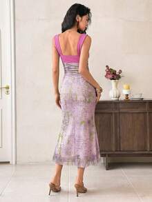 EastFlair 女士印花褶皱腰身优雅长款派对连衣裙 - 紫色 - 查看 2