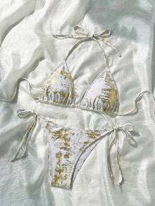 SHEIN Swim 女士夏季沙滩金色箔片图案露背系带性感比基尼泳装套装 - 白色 - 查看 5