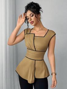 SHEIN Clasi 女士休闲褶裥边饰百搭日常衬衫 - 棕色 - 查看 5