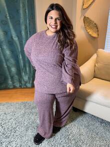 Enliva 2pcs Plus Size Solid Color Rib Knit Long Sleeve Top And Pants Set, Casual Autumn, For Apple Rounded Body Shape - Purple - View 3
