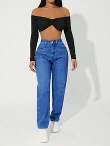 Cloudara High Waist Mom Fit Jeans - Medium Wash - View 3