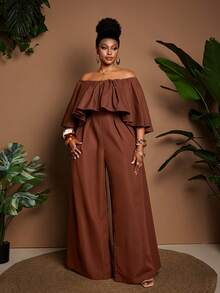 Maweii Plus Size Brown Off Shoulder Cinched Waist Wide Leg Casual Jumpsuit - Brown - View 5