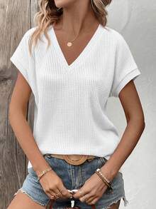 EMERY ROSE Casual Basic Basic Solid Color Short Sleeve T-Shirt, Versatile For Summer Everyday White Vacation - White - View 4