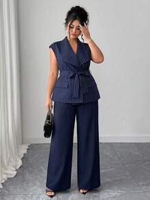 Elenzga Plus Size Women's Elegant Asymmetrical Lapel Open Front Blazer With Belt & Wide Leg Pants 2 Pieces Set, Spring/Summer - Blue and White - View 6