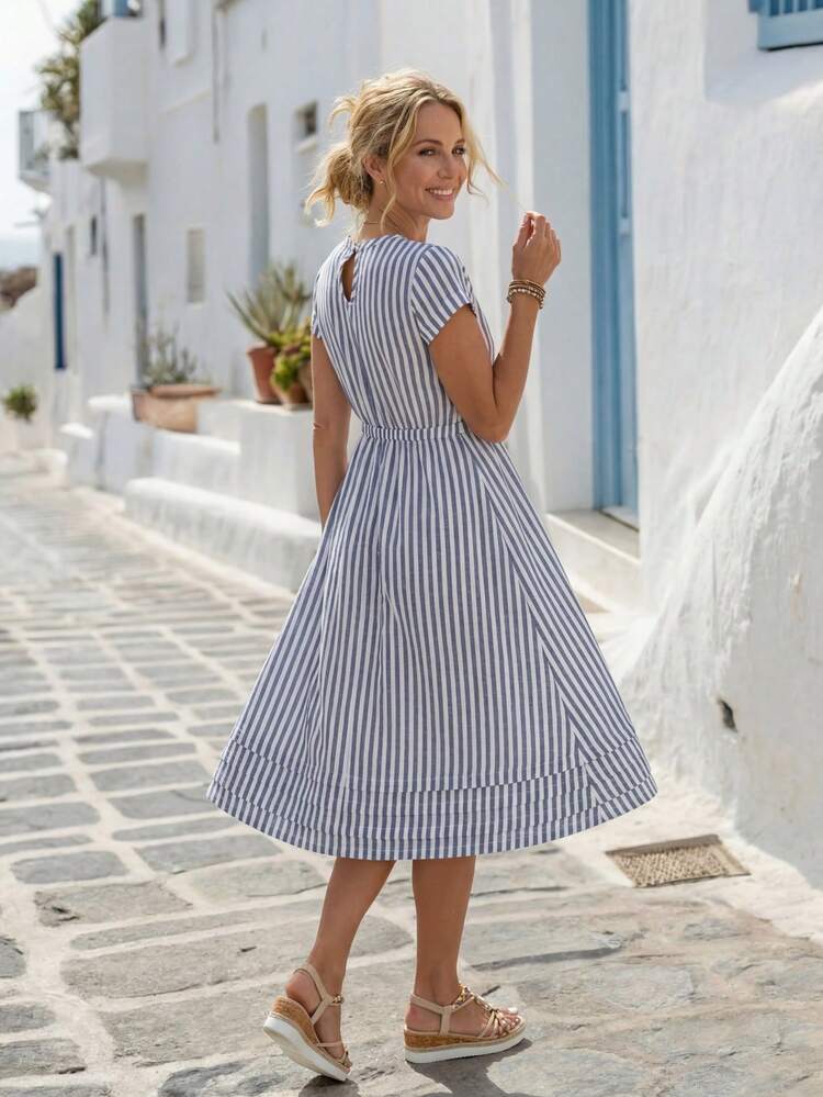 Women Casual Striped Print Waist Cinching Round Neck Dress