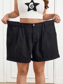 SHEIN CURVE+ 大码纯色简约休闲牛仔短裤，夏季嘉年华服装，通勤度假毕业季时尚Y2K可爱街头风派对婚礼优雅商务休闲女装黑色高腰褶皱牛仔短裤，带口袋，休闲宽松夏季风格，黑色牛仔女式短裤，高腰前褶宽松版型，卷边裤脚设计 - 黑色 - 查看 4