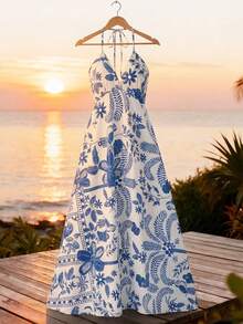 Lyxana Women's Blue & White Printed High-Design V-Neck Backless Tie Maxi Dress, Casual Vacation Style, Suitable For Valentine's Day, Easter, Labor Day, Birthday, Date, Party, Beach, Travel, Spring & Summer - Blue and White - View 4
