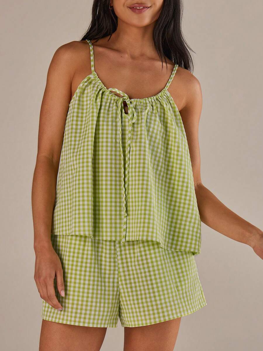 Athîral 女士格子时尚吊带背心和短裤两件套 - 綠色 - 查看 1