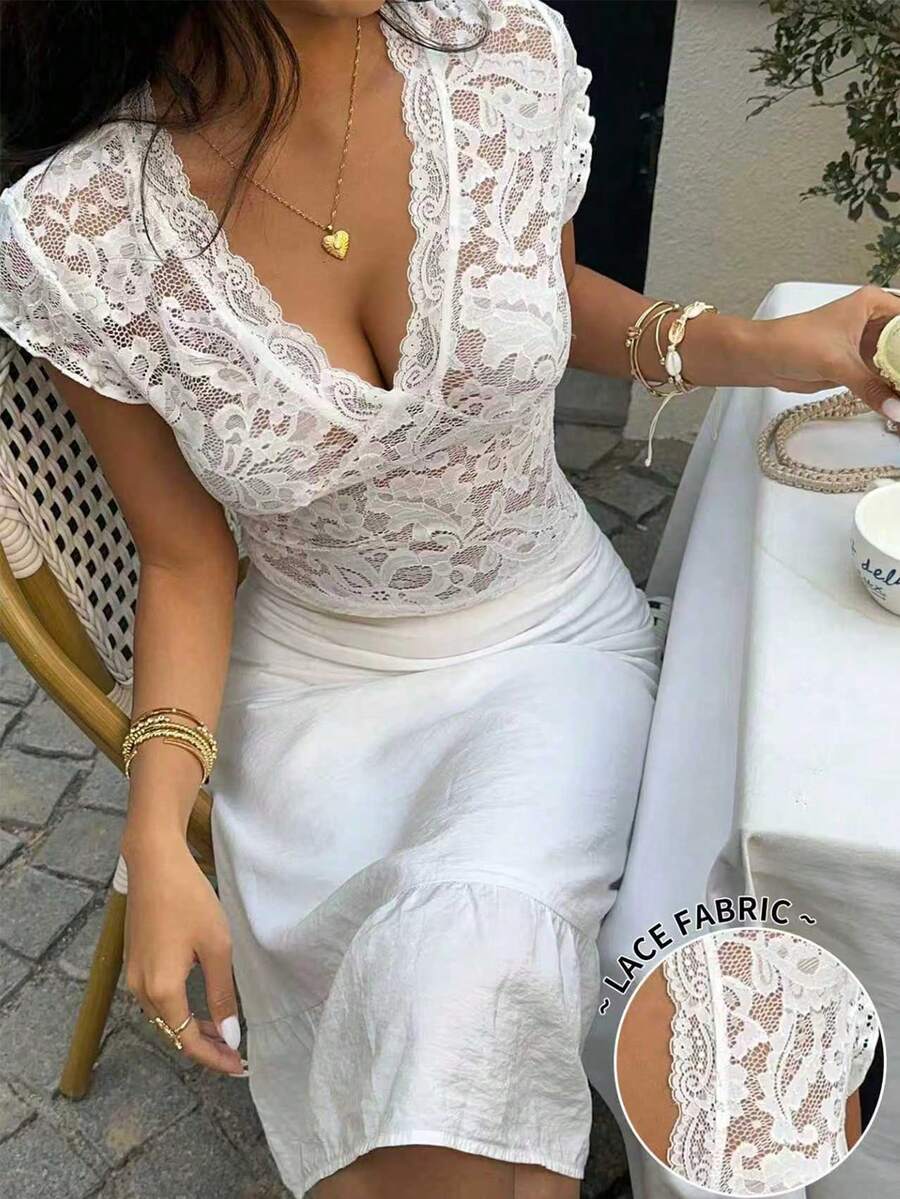 INAWLY Women's White Floral Lace Scalloped V Neck Cap Sleeve Sheer Blouse - Summer Date Night Party Top - White - View 1