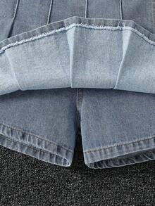 SHEIN Girls'Denim Pleated Skirt Shorts,Light Blue,Summer,Casual,School,Back-To-School,High-Waisted Snug Fit Vintage Acid Wash Cotton-Rich Sweet Chic Style - Light Wash - View 5