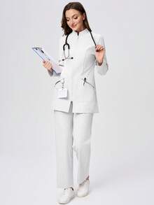Scrubzie Bộ đồng phục y tế nữ 2 món: áo khoác dài tay chống nhăn và quần dài. - trắng - Xem 4