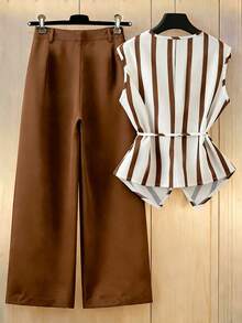 Franclia 女士春夏休闲两件套，条纹裹身系带上衣+纽扣装饰斜插口袋阔腿裤，经典黑白两件套，打造精致职场造型，无袖黑白条纹上衣配有可调节系带，V领交叉设计，搭配高腰阔腿裤，实用、简洁、简约、高级，适合通勤、日常穿着、夏季、派对、海滩、约会、毕业典礼、商务办公、都市教师制服等场合。 - 棕色 - 查看 2