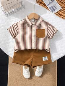 Set 2pcs/Set Baju Lengan Pendek dan Celana Pendek Pinggang Elastis Gaya Korea Kasual Musim Panas untuk Bayi Laki-laki, Cocok untuk Musim Panas - MultiWarna - View 9