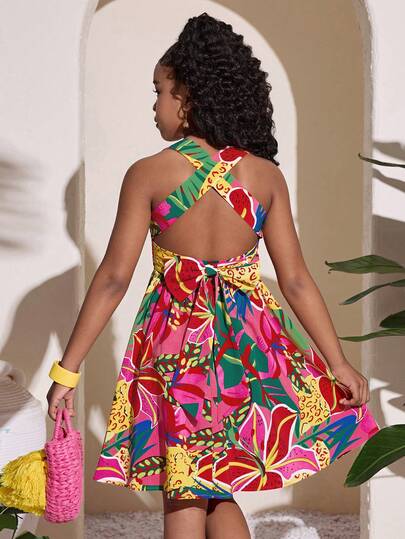 Vestido casual de manga corta con estampado floral colorido para niñas preadolescentes, ideal para vacaciones y uso diario