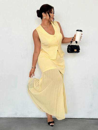 Firerie Traje de talla grande de verano elegante con chaleco de unicolor y falda plisada de patchwork para uso diario