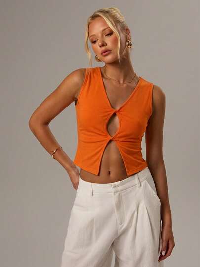 SHEIN Forever 21 Women's Solid Color Twist Hollow Design Sexy Camisole