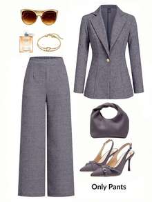 Ellevyn 优雅的夏季法式风格亚麻质感高品质长裤，适合通勤 - 灰色 - 查看 4