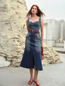 MOTF PREMIUM 牛仔布翻边细节开衩大腿美人鱼裙摆连衣裙 - 藍色 - 查看 1