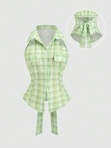 Sweetra Áo hai dây kẻ caro xanh lá cây cho nữ, kiểu dáng ôm sát, có dây buộc eo phía sau, thích hợp cho mùa xuân/hè. - màu xanh lá - Xem 1