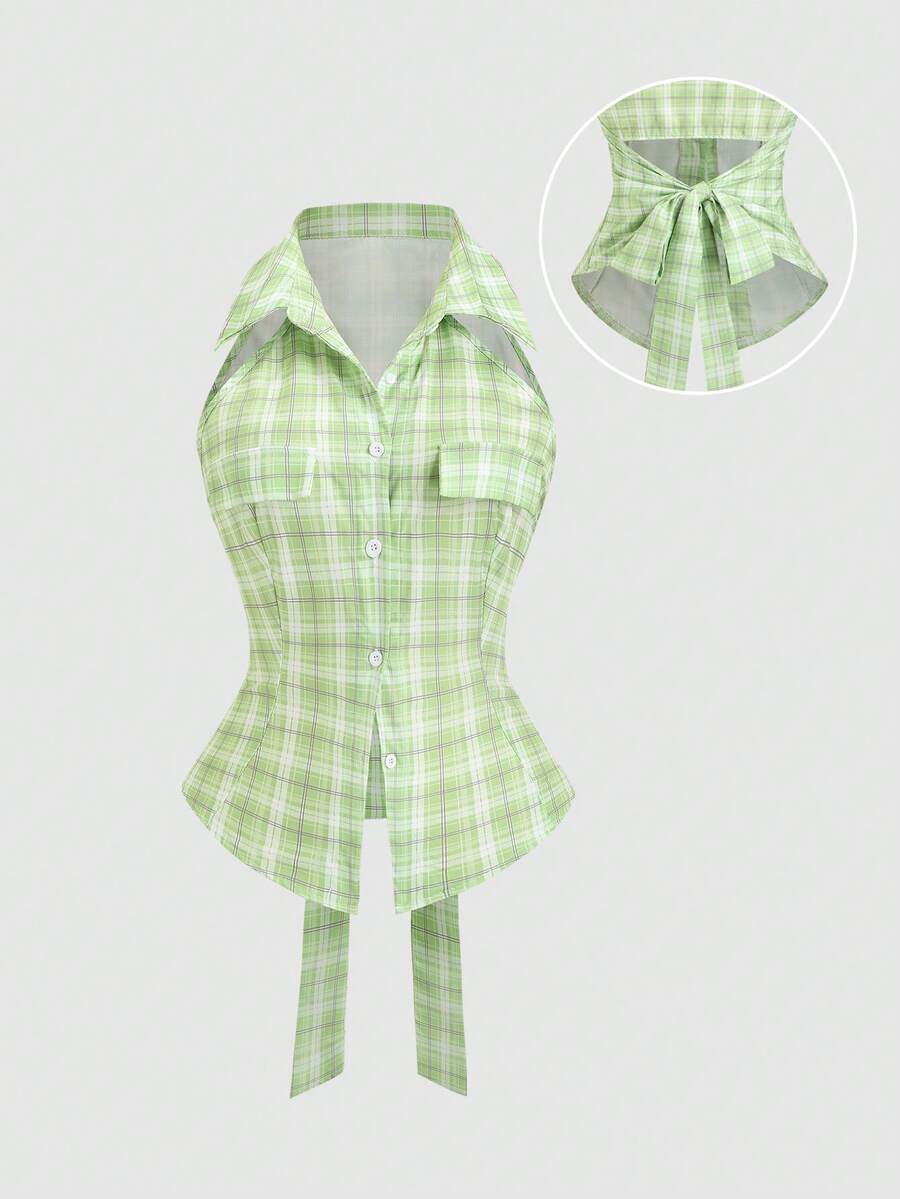 Sweetra Áo hai dây kẻ caro xanh lá cây cho nữ, kiểu dáng ôm sát, có dây buộc eo phía sau, thích hợp cho mùa xuân/hè. - màu xanh lá - Xem 1