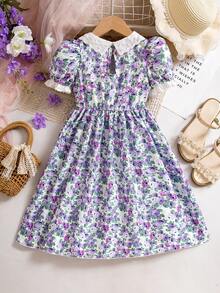 Young Girl' Summer Ditsy Floral Puff Sleeve Embroidered Ruffle Collar Princess Dress, Suitable For Summer Vacation And Countryside Style - Multicolor - View 2